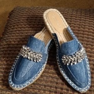 Blue Denim Women's Slip-On Shoes with Crystal Embellishments